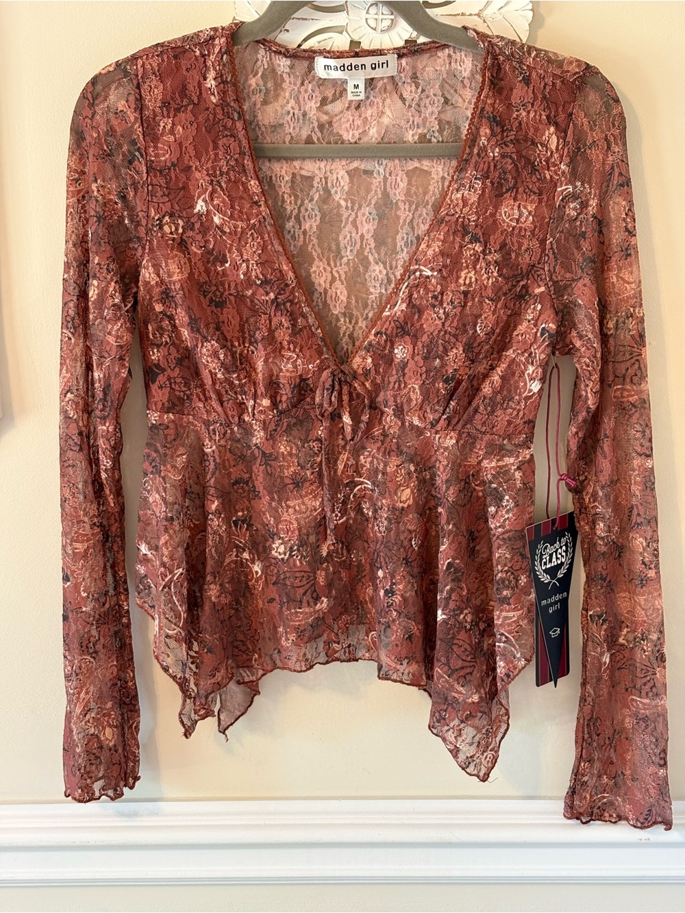 Madden Girl Rust Floral Lace Tie-Front Mesh Blouse